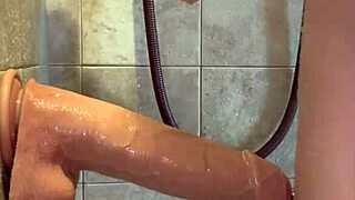 PeterWolfe Stretches with Huge Pierced Dildo in Shower