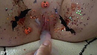 Halloween solo teases wet pussy gently