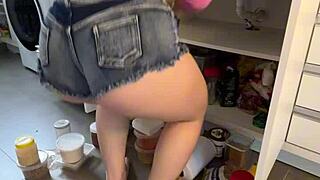 housewife struts in tiny jean shorts teasing curves