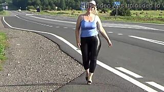 big ass blonde squeezes leather leggings sexy solo tease