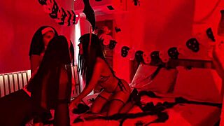 halloween lesbian orgy with devil nun witch in wild scissoring party