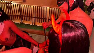 halloween lesbian orgy with devil nun witch in wild scissoring party