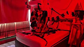 halloween lesbian orgy with devil nun witch in wild scissoring party