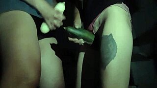 lesbian girls rub pussies on cucumber till cumming in soaked panties!