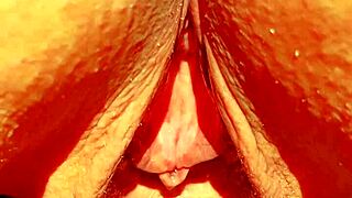 Mature cougar flashes huge meaty gaping shaved pussy