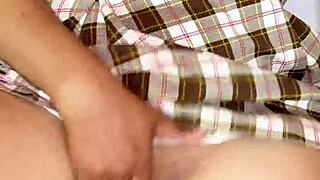 Teen student home from school rubs juicy tight pussy to orgasm