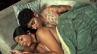 brunette teases him watching tv then takes hard pounding