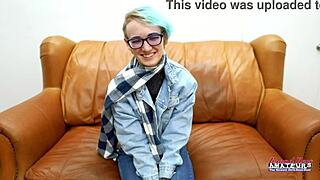 Shy Nerdy Petite Blue Haired Blonde Teases Innocent Deepthroat Facial