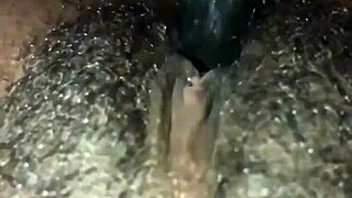ebony babe fingers hairy wet pussy solo orgasm dripping clothes ripped