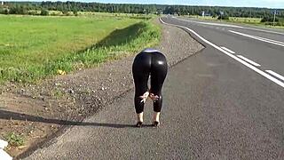 big ass blonde squeezes leather leggings sexy solo tease