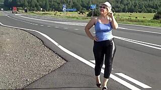 big ass blonde squeezes leather leggings sexy solo tease