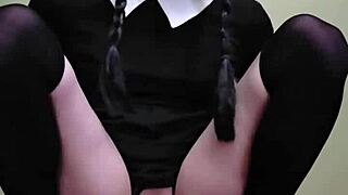 Ts wednesday addams squirts hard riding huge dildo in lingerie heels