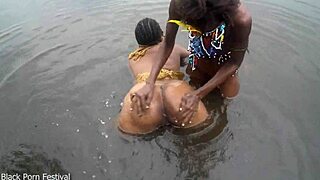 two skinny black lesbians bathe intimately in river