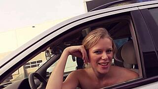 Crazy exhibitionist drives naked at daytime and fucks guy