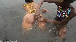 two skinny black lesbians bathe intimately in river