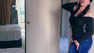 Pretty asian ladyboy jeans striptease with gifted big boobs