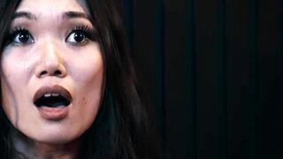 Asian girl used like toy by futa leather babe with cucumber play