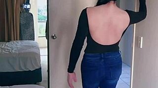 Pretty asian ladyboy jeans striptease with gifted big boobs