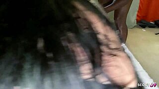 Dark skinned woman joins intense group scene with partners in latex