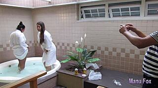 alessandra marques makes manu fox cum hard backstage in lesbo play