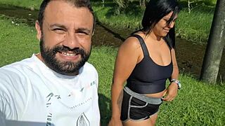 Wife showers naked outdoors after receiving creampie