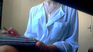 secretary fingers pussy with no panties