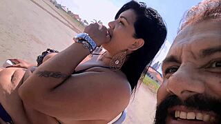 Hotwife shows butt plug and hairy pussy in public