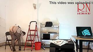 cleaner maid without panties tidying office