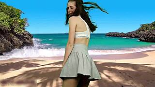 wind lifts her short skirt