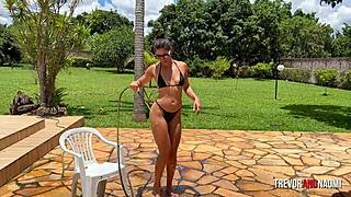 First she took a shower with a hose then she took a shower with a dick