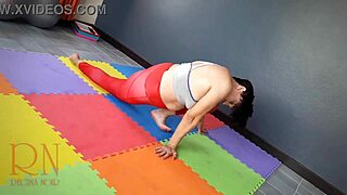 Regina Noir A Woman In Yoga Leotards Practices Yoga In The Gym Transparent Red Leotard Yoga 1